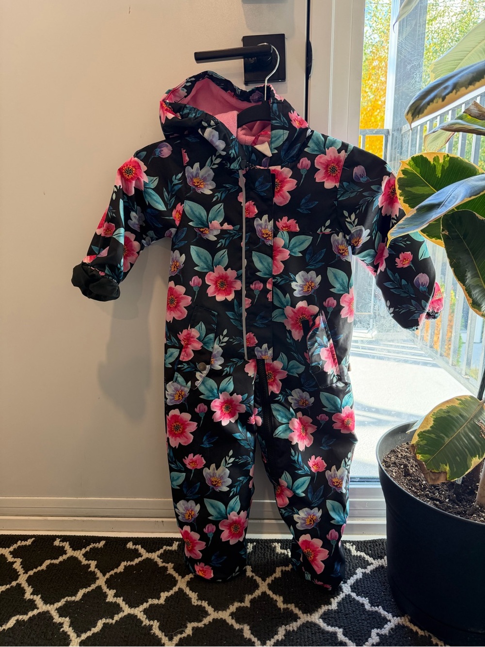 Kids Floral Hooded One-Piece - Black with Pink Flowers DEUX PAR DEUX 24M